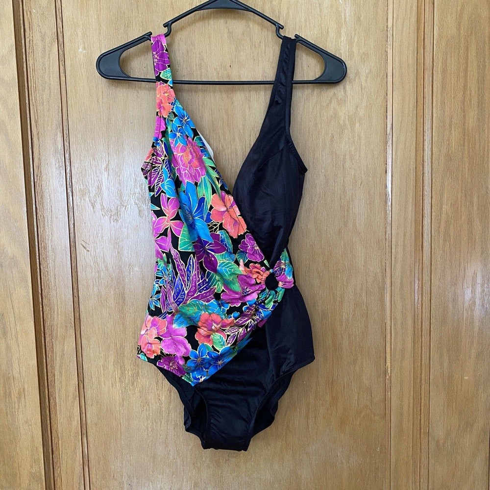 NWT Vintage Jantzen Black Floral, Gold Foil One Piece Bathing Suit, 90s